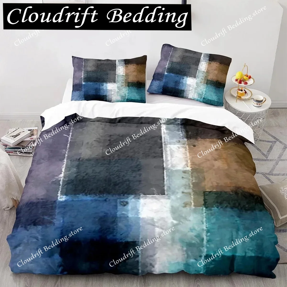 Stripe Duvet Cover Set Polyester Green Blue Black Striped Plaid Patch Print Quilt Cover King Size Soft Twin Bedding Set for Teen