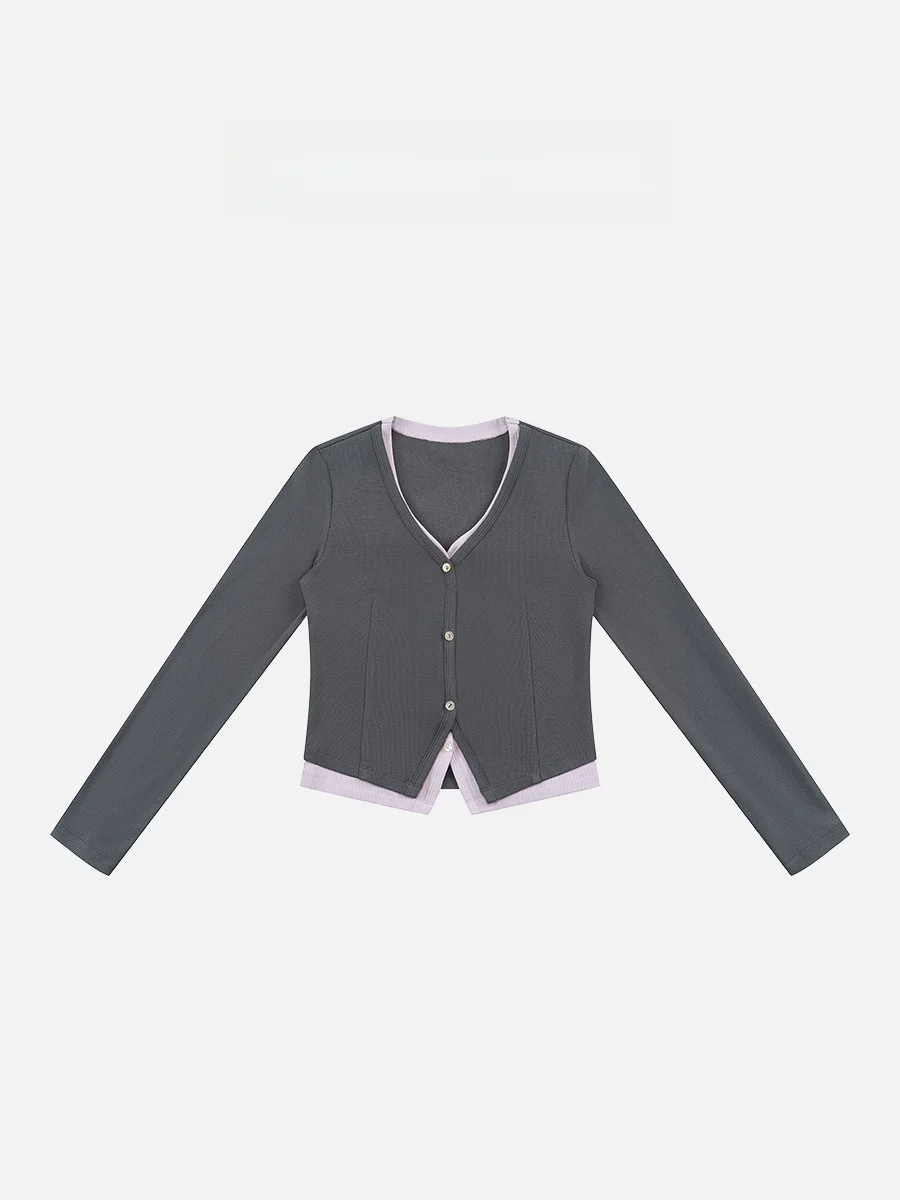 

PM Wang Na Na Color Blo Slim Fit V Ne Knitted Jaet Women's Ele Soft Long Sve Top for Spring Season