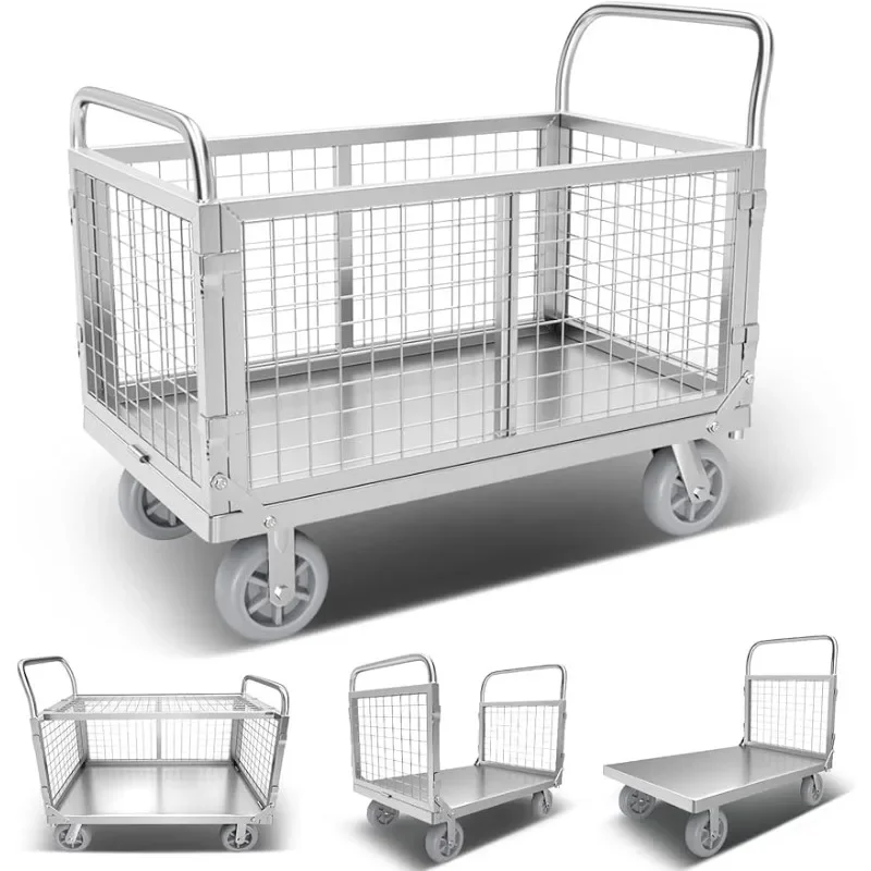 

Platform Truck Cart with Cage, 4in1 Foldable Platform Truck Heavy Duty Push Cart Dolly Load 1600LBS W/Swivel Casters, Trucks