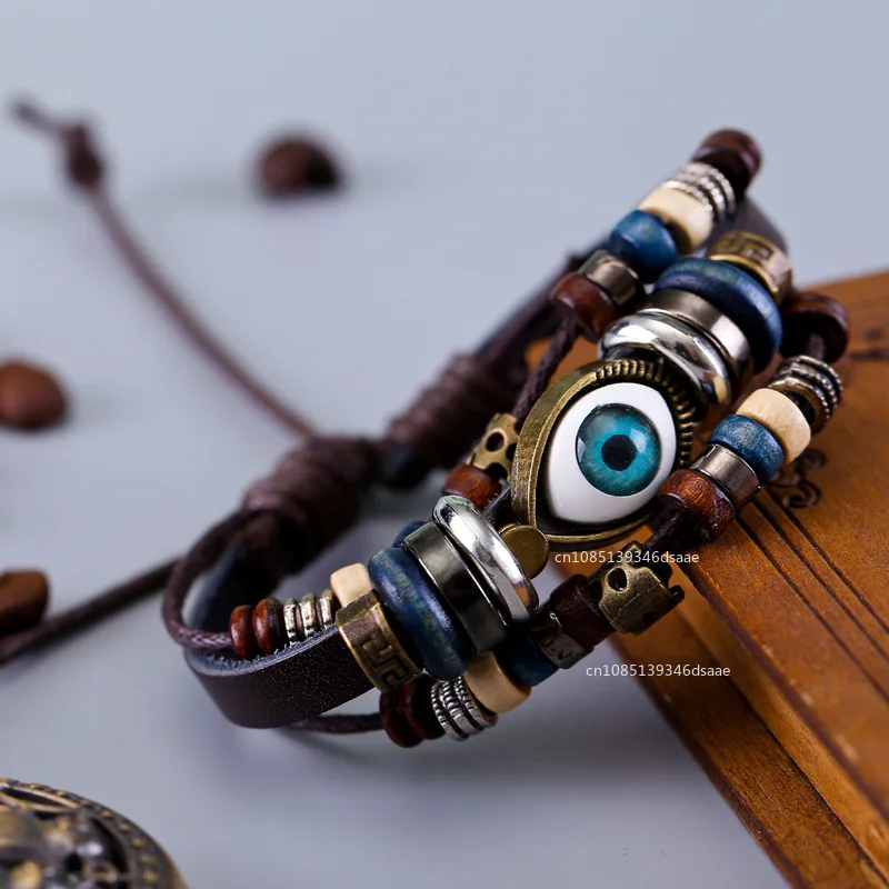 Boho Gypsy Hippie Design Leather Rope Eye Bracelet for Men Multi-layer Leather Woven Beaded Bracelet Unisex Adjustable Jewelry