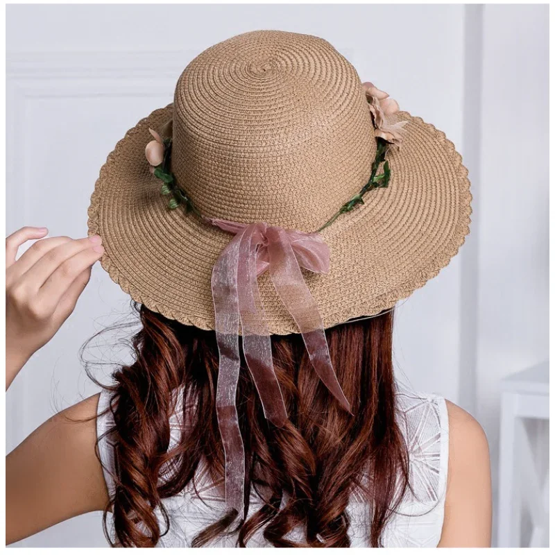 

Wreath Straw Hats Summer Sun Hat Ladies Elegant Hat Female Vintage Hats Straw Beach Hats Flower String Woman Hat