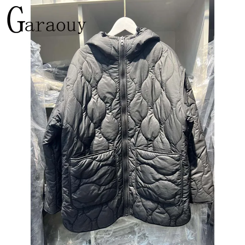 Garaouy 2023 Winter Women Long Cotton Clothes Jacket Hooded Zip Parka Lightweight Warm Pocket Coats Female Casual Loose Outwear