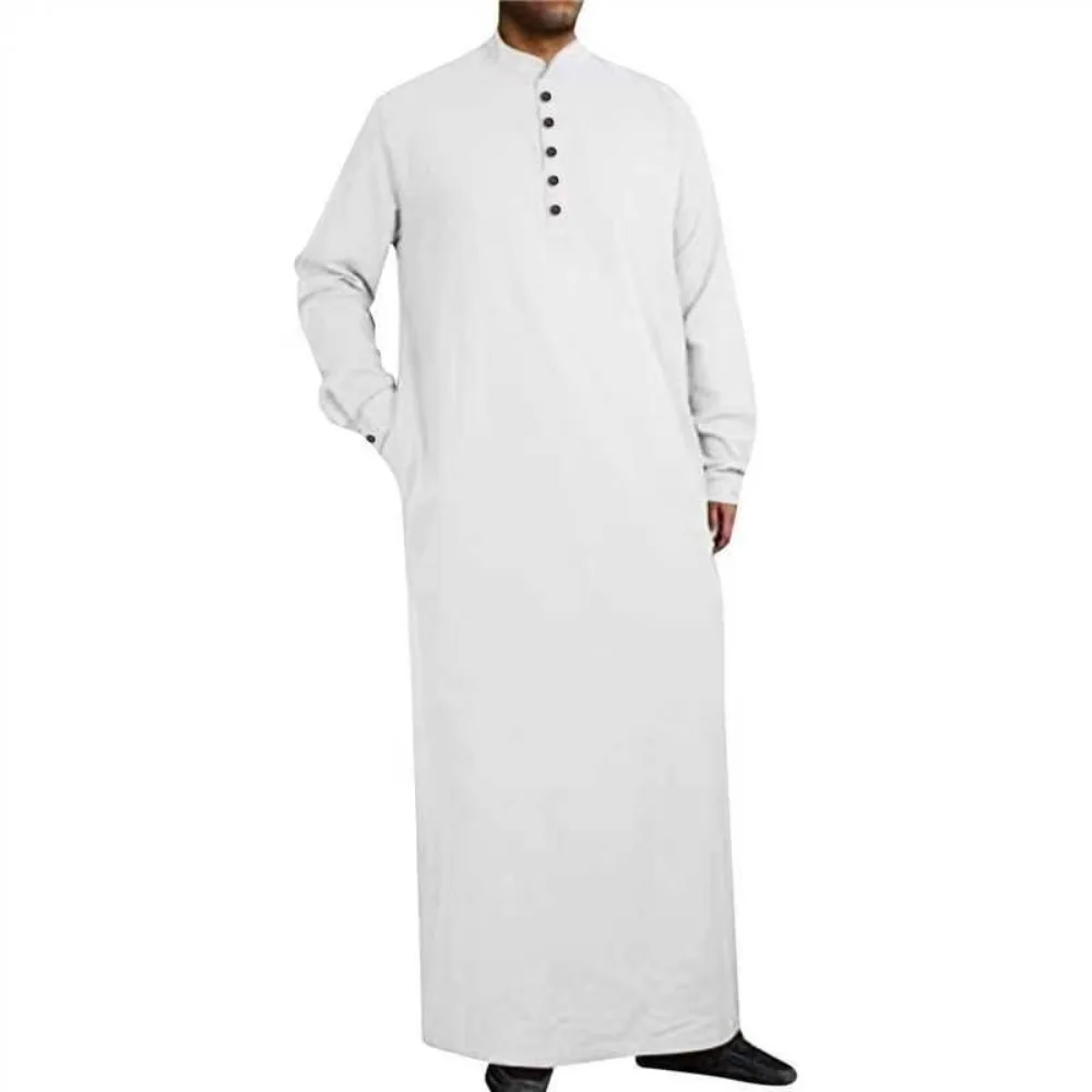 Arabic Style Minimalism Men's Mandarin Collar Buttoned Robe Muslim Prayer Daily Use and Islamic Activities