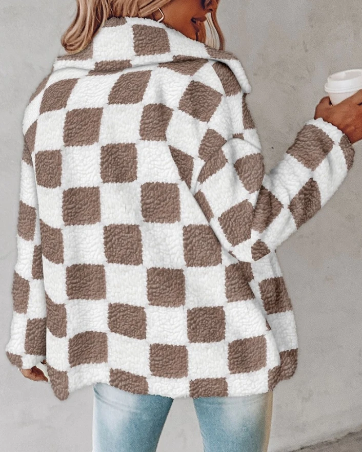 Women's Jacket 2024 Autumn Fashion Contrast Plaid Pattern Notched Collar Teddy Coat Double Breasted Fleece Thermal Jacket Coat