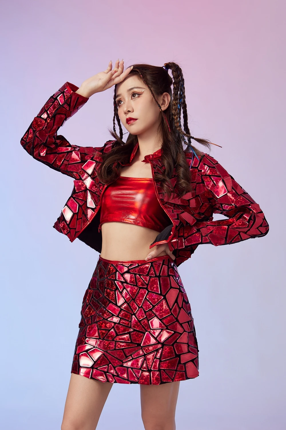 

Glitter Red Laser Mirror Dress Dancer Short Dresses Stage Wear Women Club Performance Dance Costume Party Birthday Prom Show