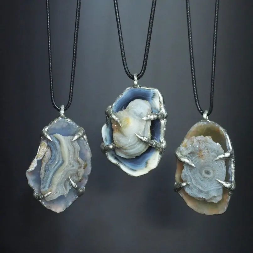 1Pcs Semi-precious Stone Rope Leather Solar Agate Soldered Necklace Handmade Claw Slice Free Form 20inch Jewelry