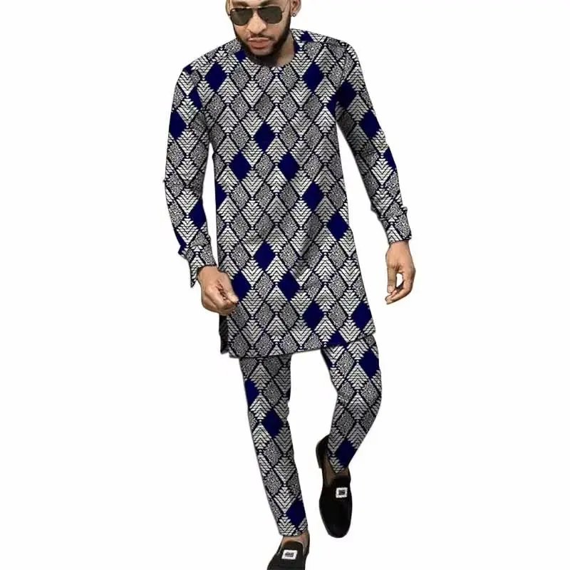 

Original Design African Print O Neck Men’s Set Long Sleeve Shirt Patch Elastic Waist Pants Tailored Traditional Party Wear