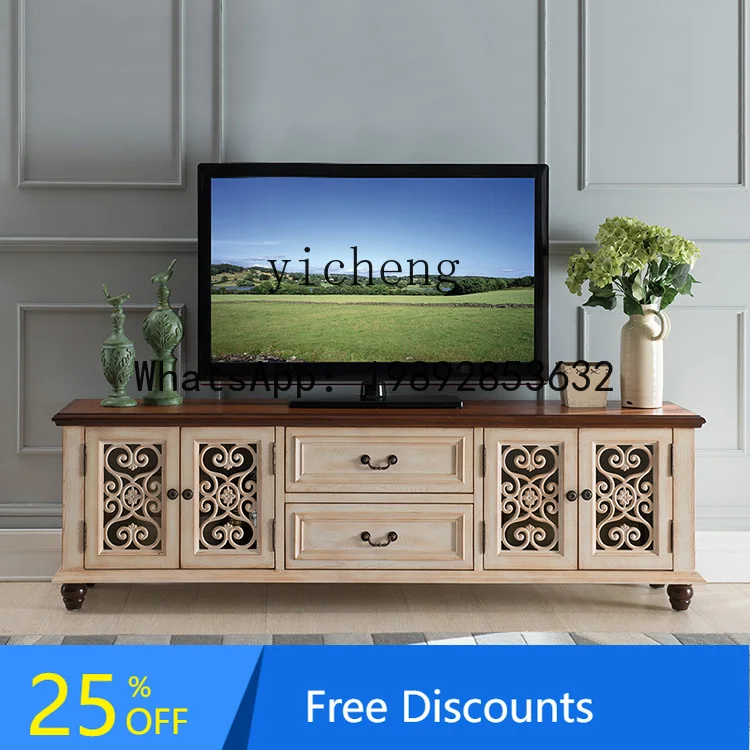 solid wood TV cabinet rural audio-visual cabinet hollow carved retro long living room furniture
