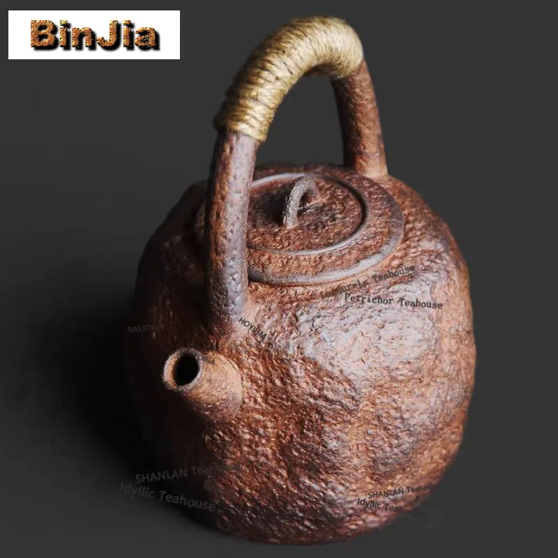 750ml Coarse Pottery Stone Texture Handle Boiling Water Kettle Large Capacity Tea Brewing Pot Yellow Rice Wine Kettle Tea Craft