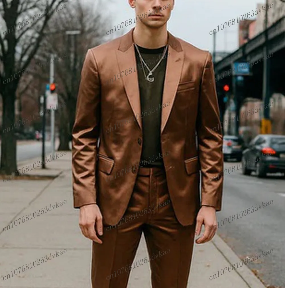 

Brown Acetate Satin Men Suit Party Prom Special Occasions Business Groom Groomsman Wedding Male Tuxedos 2 Piece Set Blazer Pants