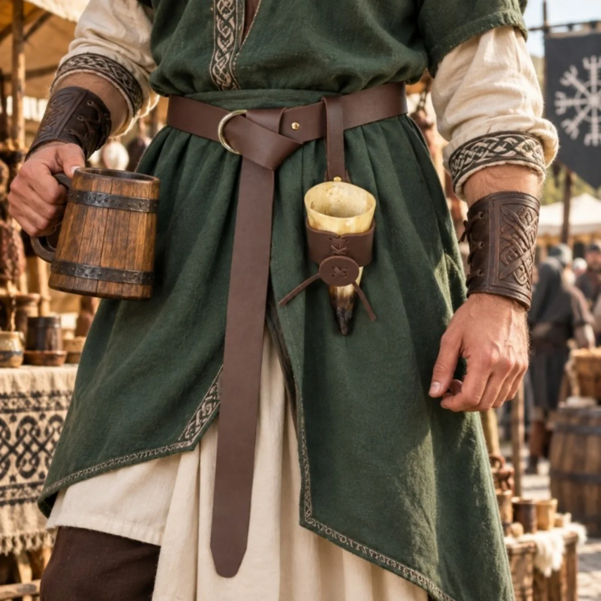 Medieval Retro Belt And Horn Cup Case Set (Horn Cup Prop Not Included),Viking Renaissance LARP Ranger Fantasy Cosplay Additions