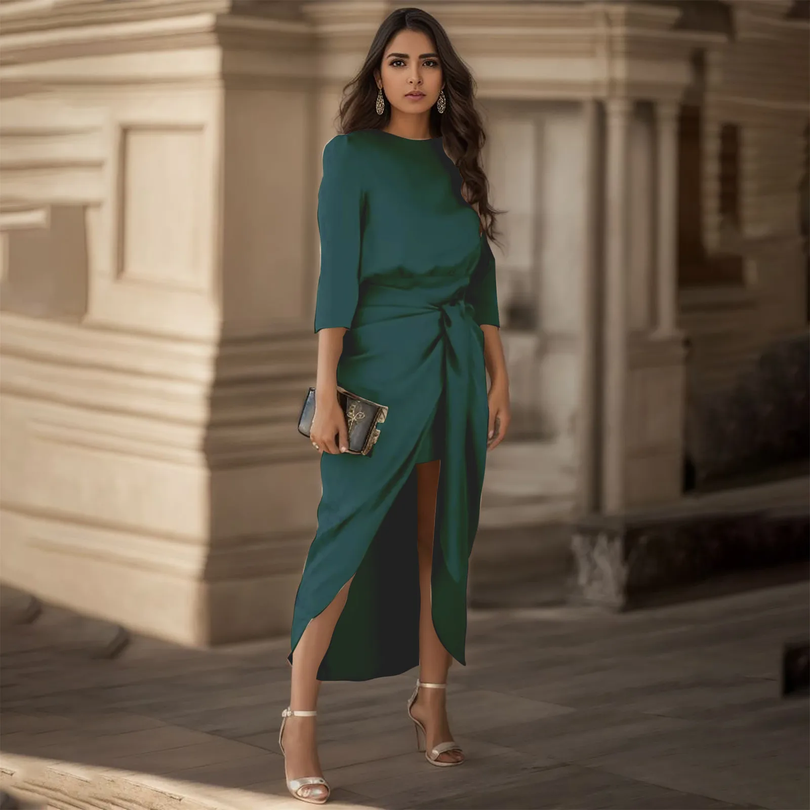 

Elegant Party Dresses For Women Satin Long Sleeve Tie Waist Side Slit Midi Dress Fall Wedding Guest Dresses For Women Vestidos