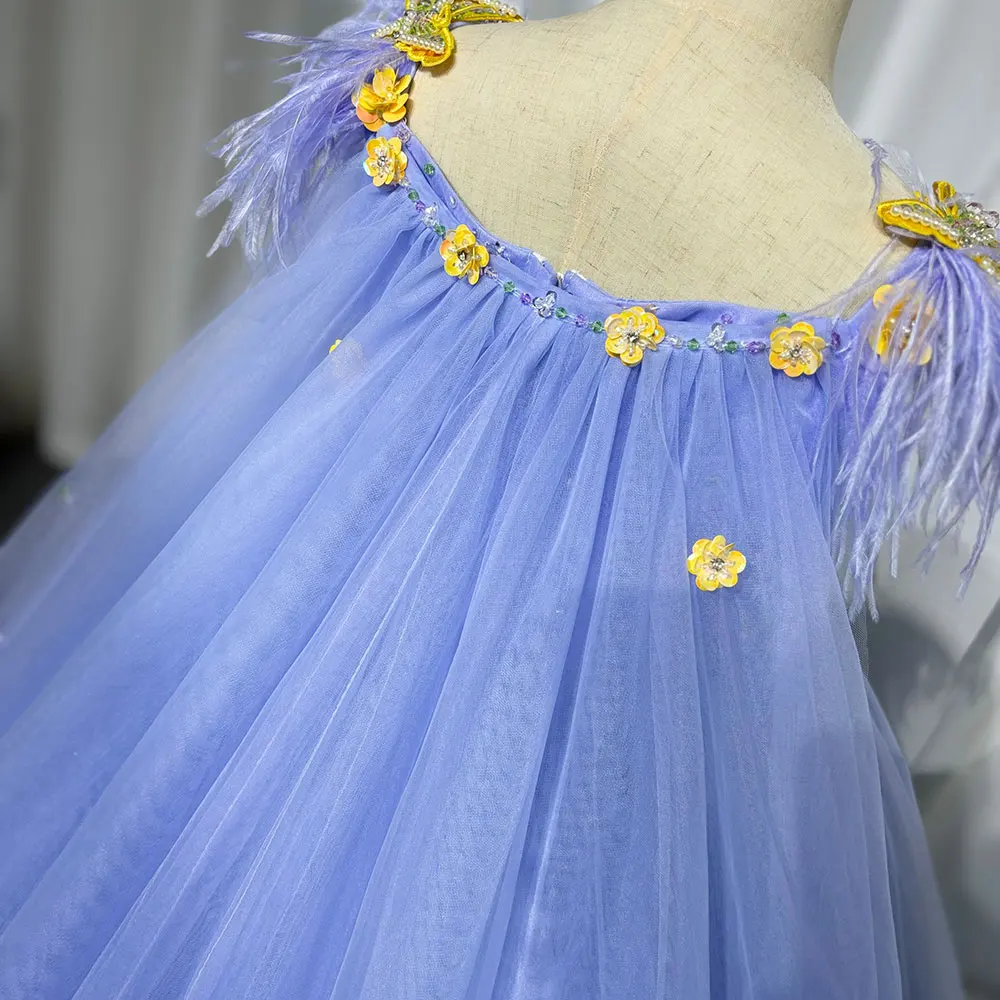 Vestido lila de flores para niña, prenda de lujo para boda, aplique con capa, pluma, fiesta de cumpleaños, comunión, 2024