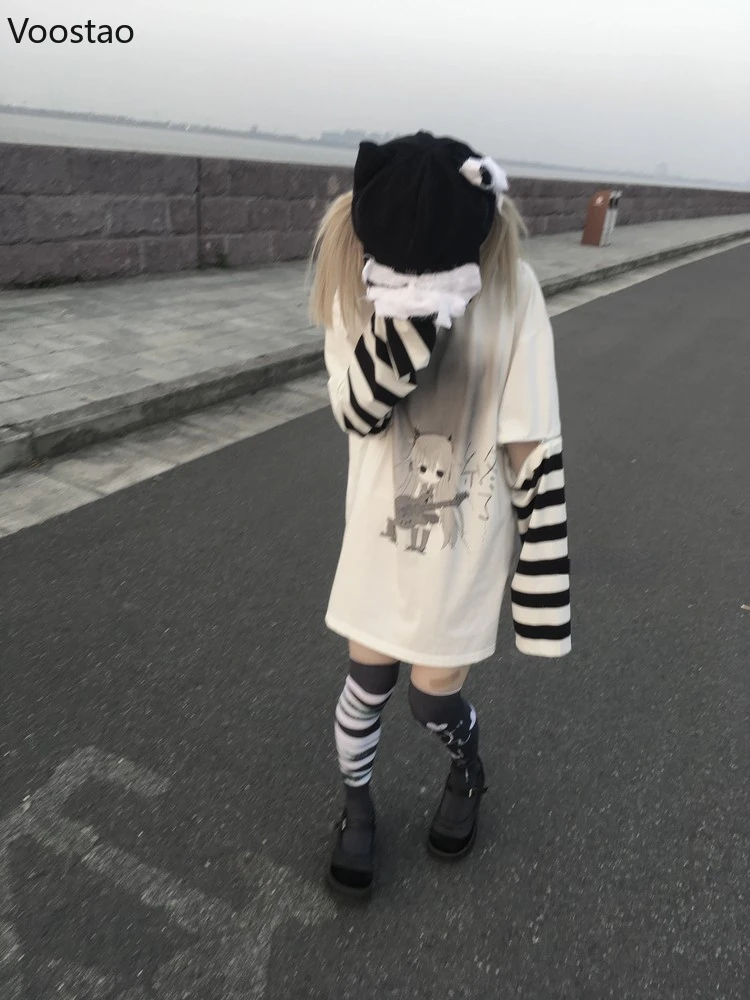 Harajuku Punk Y2k Tshirts Women Egirl Aesthetic Cartoon Graphic Tee Removable Long Sleeve Tshirt Girls Vintage Casual Loose Tops