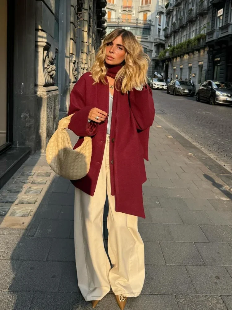 2024 New Fashion Borgogna Rosso Giacca di lana con colletto a sciarpa Donna Chic Tasche infradito oversize Cappotti solidi Lady Streetwear