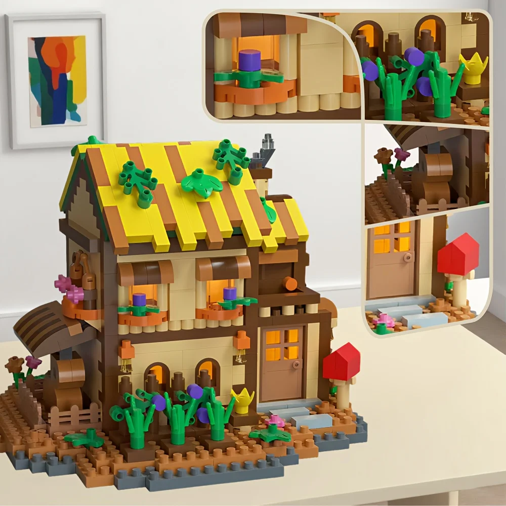 834+ Micro-Particle Secret Garden Holzhaus, warmes Bausteinset, Geschenkbox, Mini-Landschaft