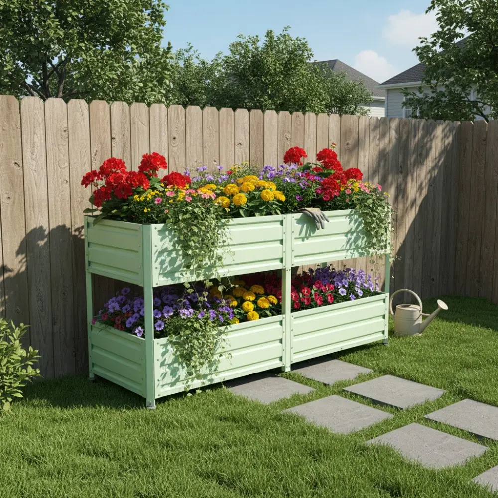 Dual Tier Elevated Metal Raised Garden Bed With Lockable Wheels & Lower Storage Shelf, Dark Gray Staggered Raised Planter Box For Vegetables Herbs Flowers, Outdoor Patio Backyard Raised Planting BedGardening Pots, Planters & Accessories