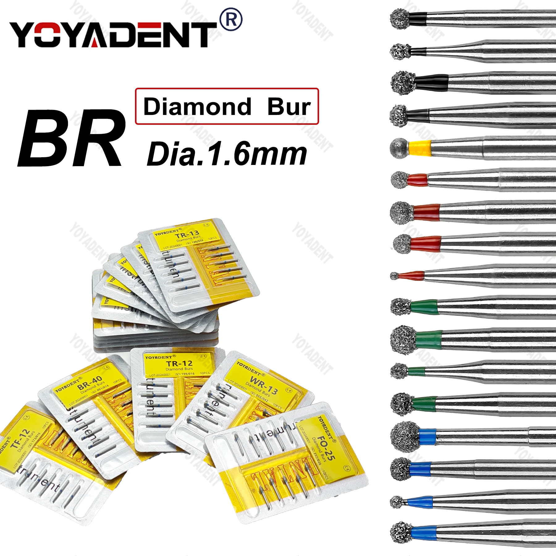 

10pcs/Pack BR Type Fine/Extra Fine/Coarse/standard/Extra Coarse Dental Diamond Burs For High Speed Turbines Dia.1.6mm