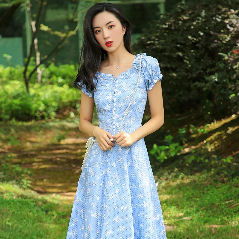 

Sweet Fairy Girl Dress Midi Floral Print Slimming Waist Summer Polyester Fiber Short Sleeve Women's Dress Style