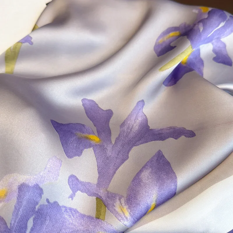 New Luxury Purple Floral Print Silk Square Scarf Women Soft Headband Hairband Hands Bag Ribbons Foulard Neckerchief Hijab Satin