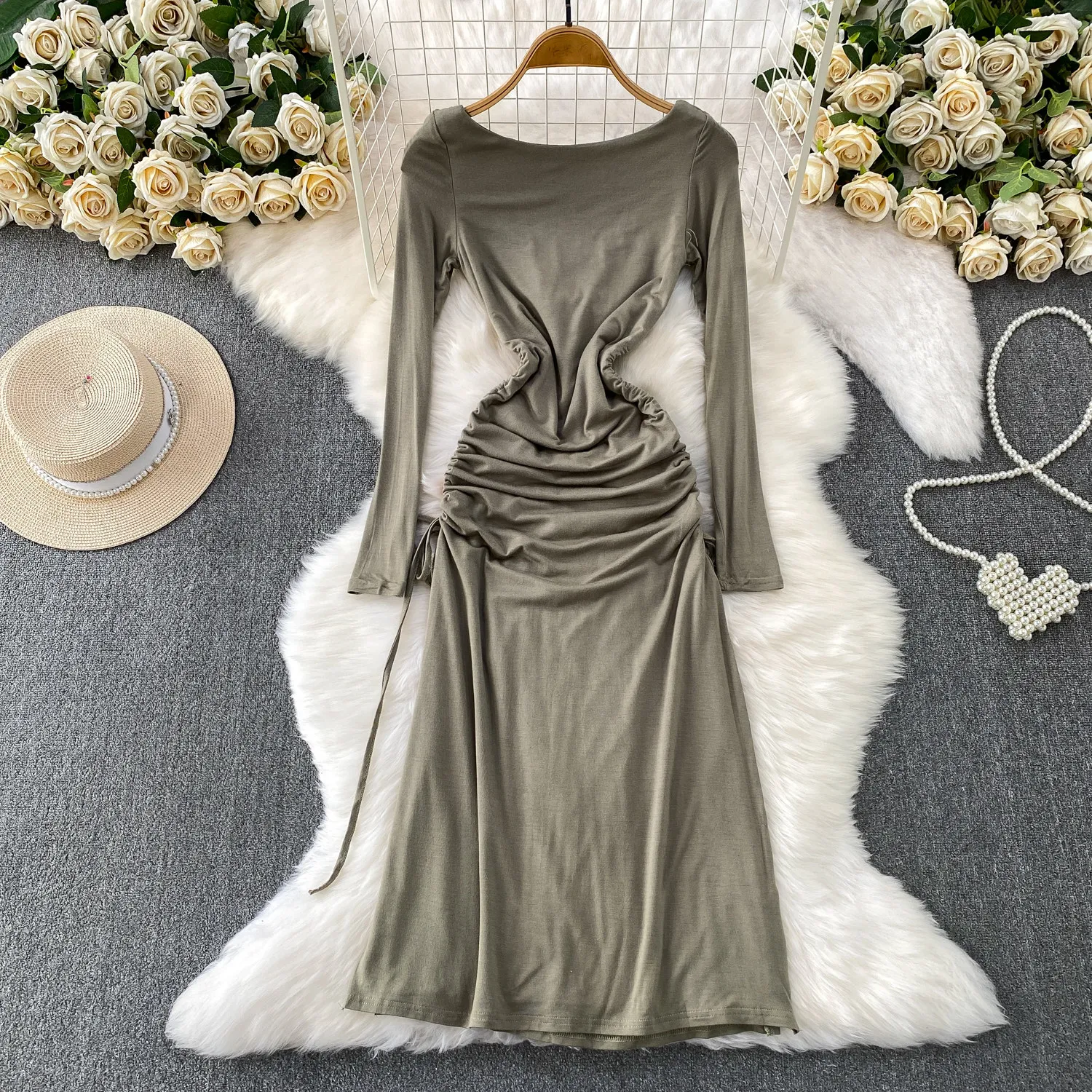 Elegant Vintage Draw String Party Vesditod dress Korean Fashion autumn Women Clothes fairycore A-line dress