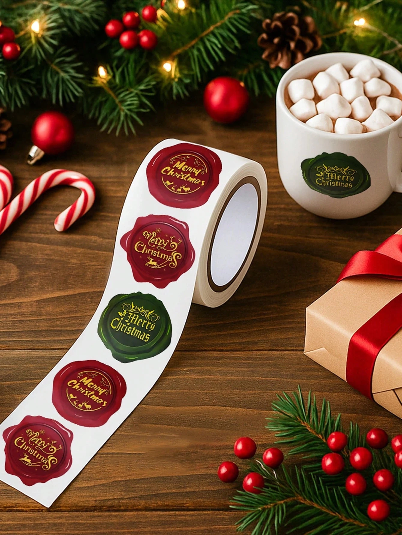 1/2Roll Merry Christmas Sticker Roll,Christmas Decoration Tag Sticker With Embossed Wax Seal Design,Envelope Sticker Label