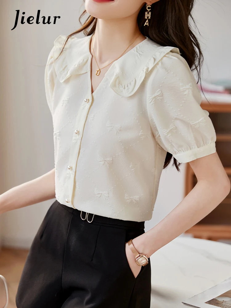 Jielur Korean Style Slim Puff Sleeve Female Blouse Chiffon Button Peter Pan Collar Women Blouses Office Lady Solid Color Shirt