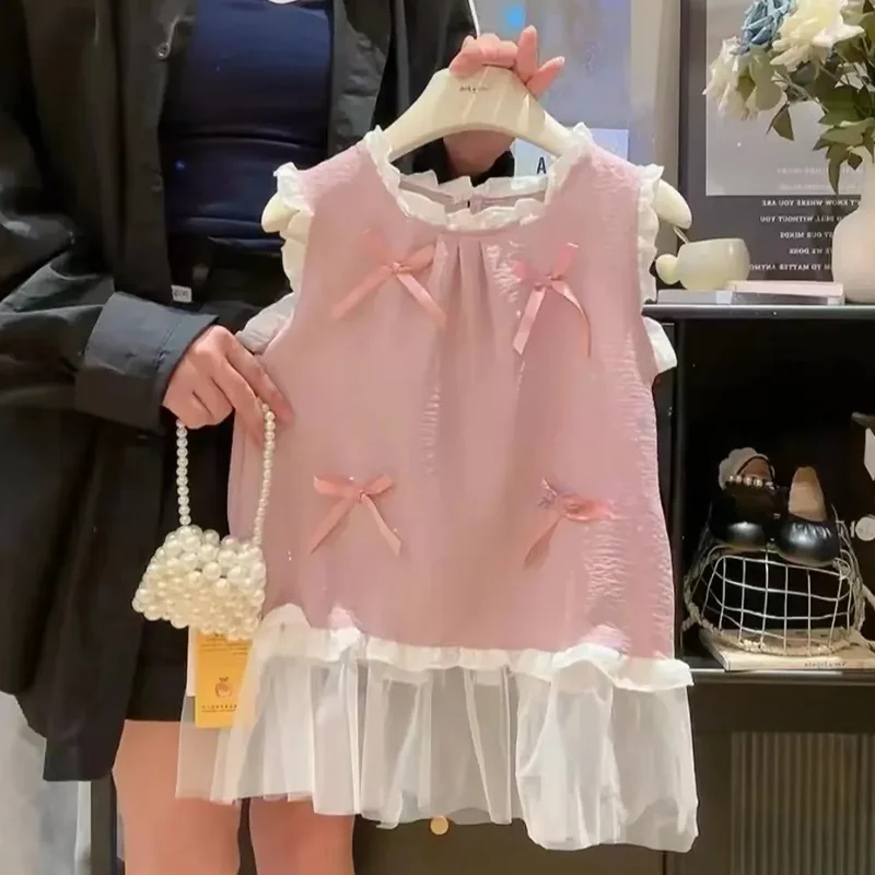 Baby Girl Pink Dress Summer Lace Bow Sleeveless Girls Dress Cute Girls Dresses for Children's Clothes Baby Girls Fashion Dresses