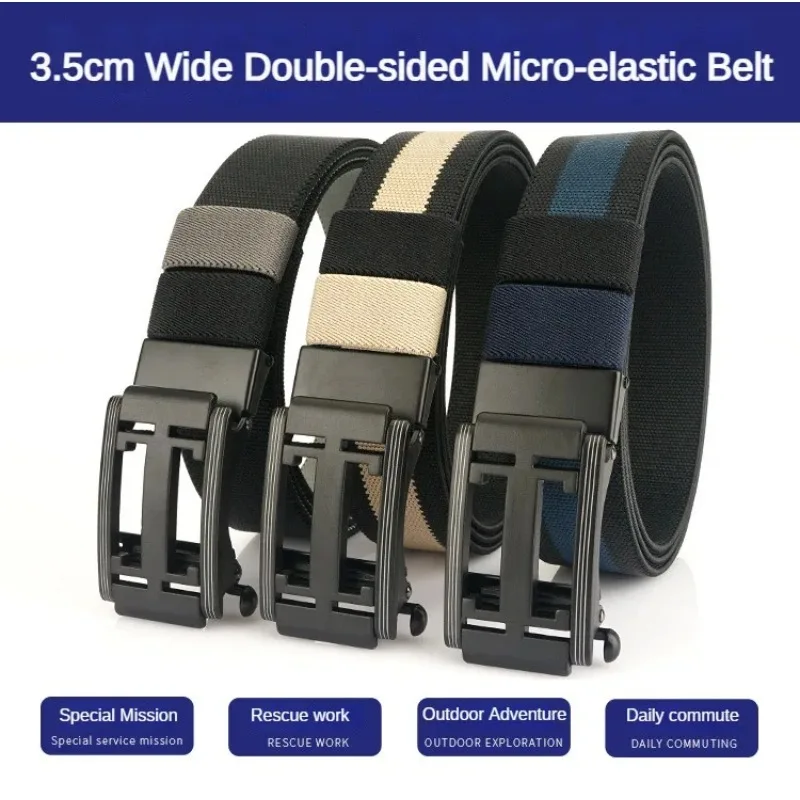 Tactical Belt Automatic Buckle Double Sided Dual Purpose Elastic Belt Mens Simple and Versatile Woven Nylon Belt for Men