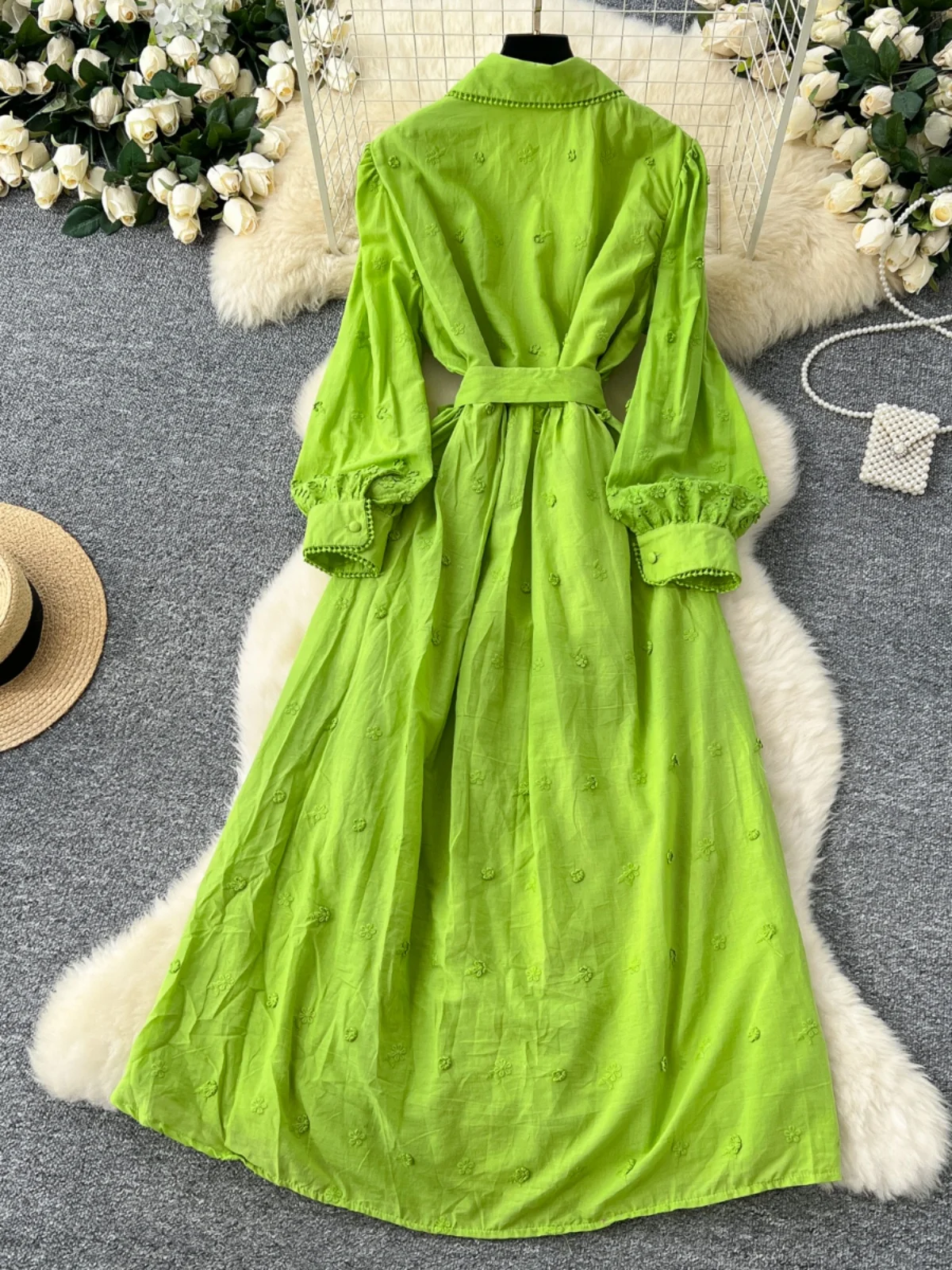 Ele minceur Long Dr avec broderie lourde ceinture taille et lanterne Sves rétro col montant femme Faionable Dr