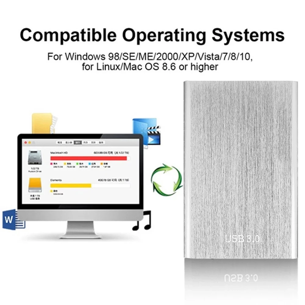 휴대용 USB 3.0 외장 하드 드라이브, 금속 플러그 앤 플레이, 맥북 태블릿 컴퓨터용, 2.5 인치, 1TB