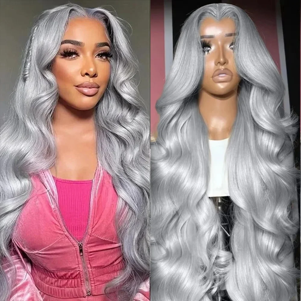

30-дюймовые парики с эффектом волны, серебристо-серые, плотность 200, 13x4 HD, прозрачный кружевной фронт, бразильские волосы, без клея, для женщин, для косплея