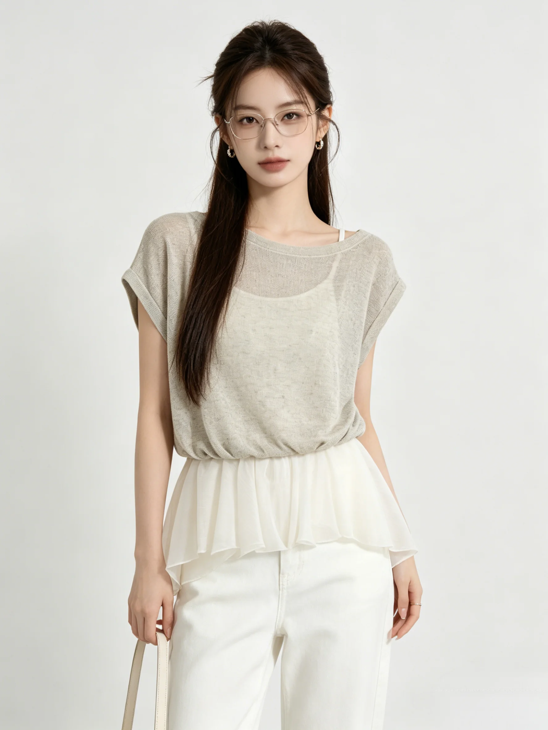 

Skin-friendly Casual Style Shoulder-baring Short Sleeve T-shirt Women's Summer Design Sense Top Fake Two-pieced Drop Shoulder