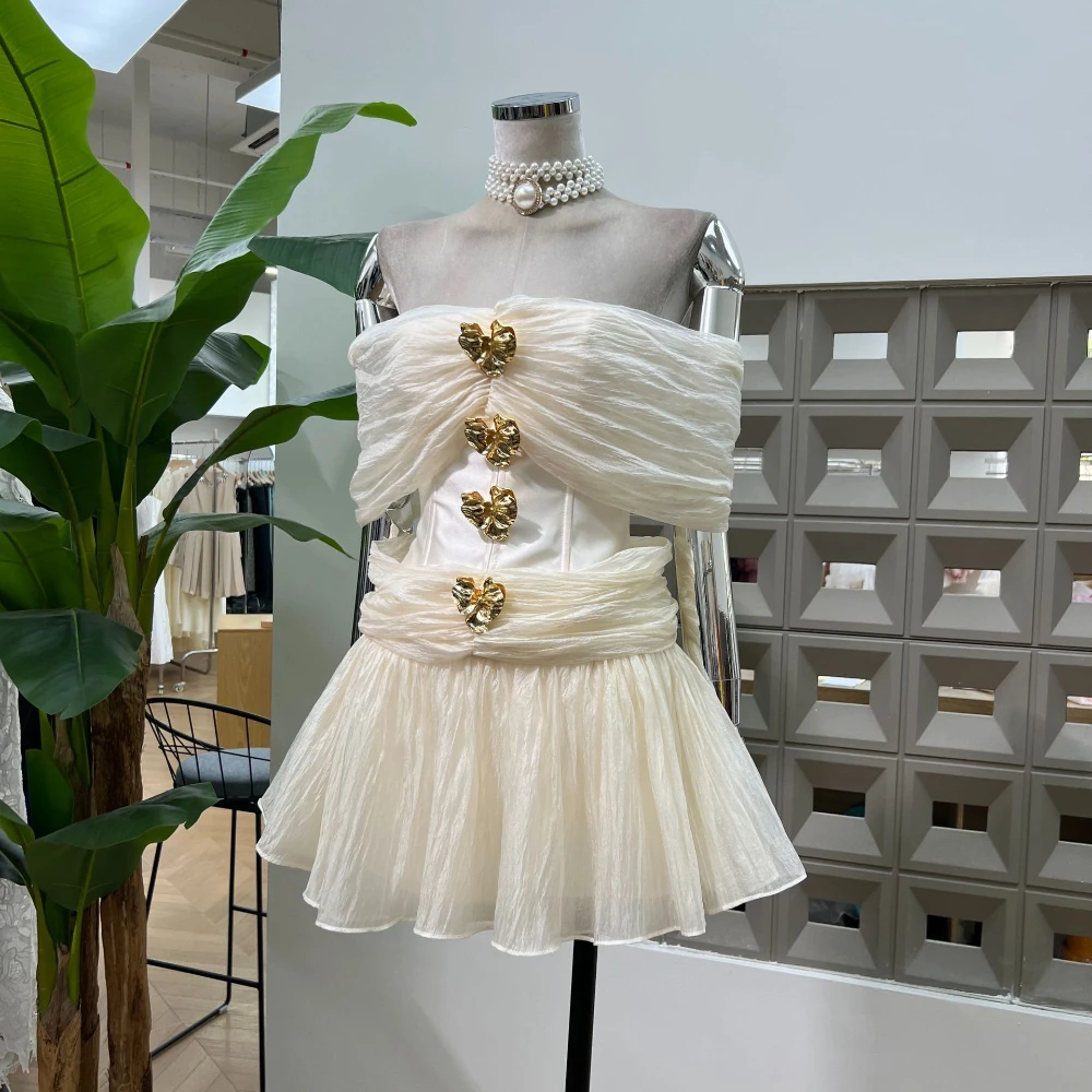 

Women's Elegant Luxury Gold Brooch Decoration Off Shoulder Strapless Chiffon Dress 2025 Trendy Party Evening Princess Dresses