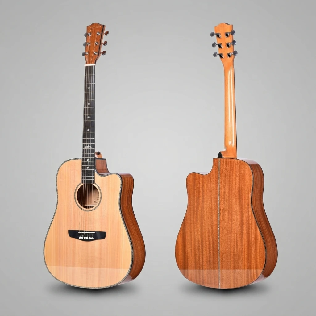 Glossy Cutaway Acoustic Guitar 6 String Light Top Brown Back Cross Inlay Chrome Tuners White Bridge Pins Thin Edge Lines