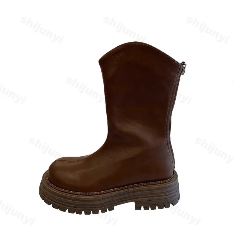Women Boots New Thick Sole Stacked Fashion Brown Black 2025 Short Boots Wrinkled Leather Platform Casual Botines Chelsea Shoes
