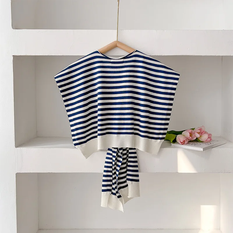 2025 Korean Striped Knitted Warm Shawl Winter Female Blouse Shoulders Fake Collar Cape Knotted Scarf Stripe Outerwear New