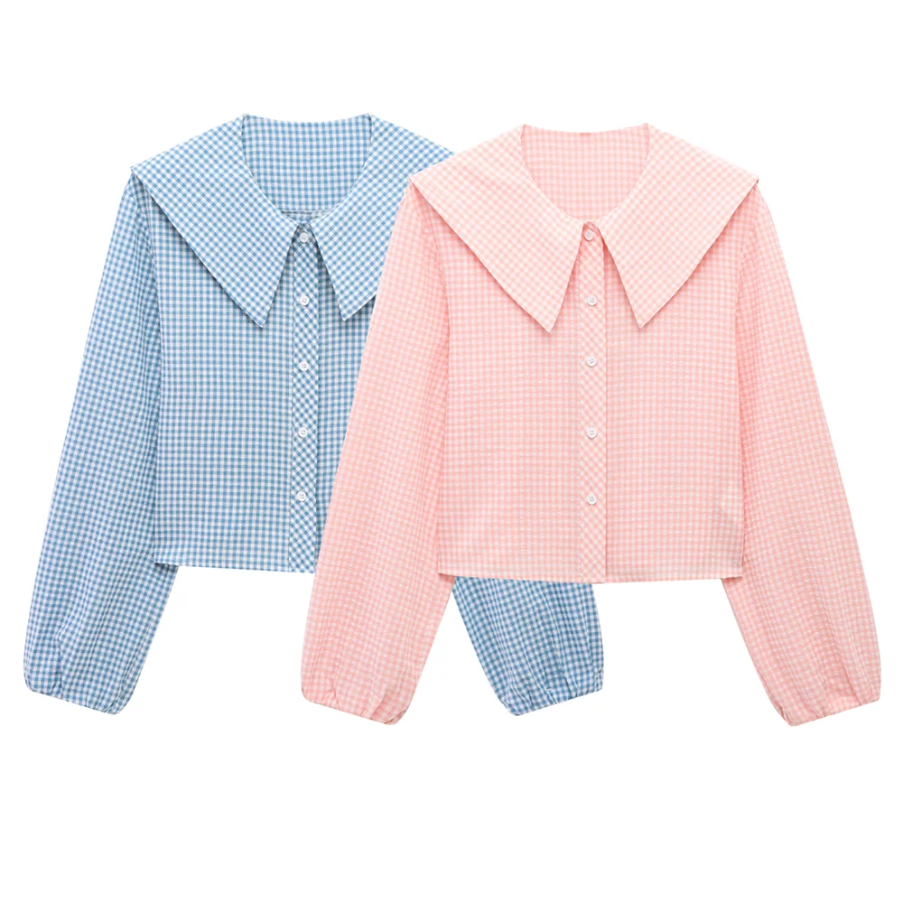 

2025 BM MD ZA Women's Long - sleeve Gingham Shirts in Blue and Pink with Big Collars Cropped Design for a Sweet Look