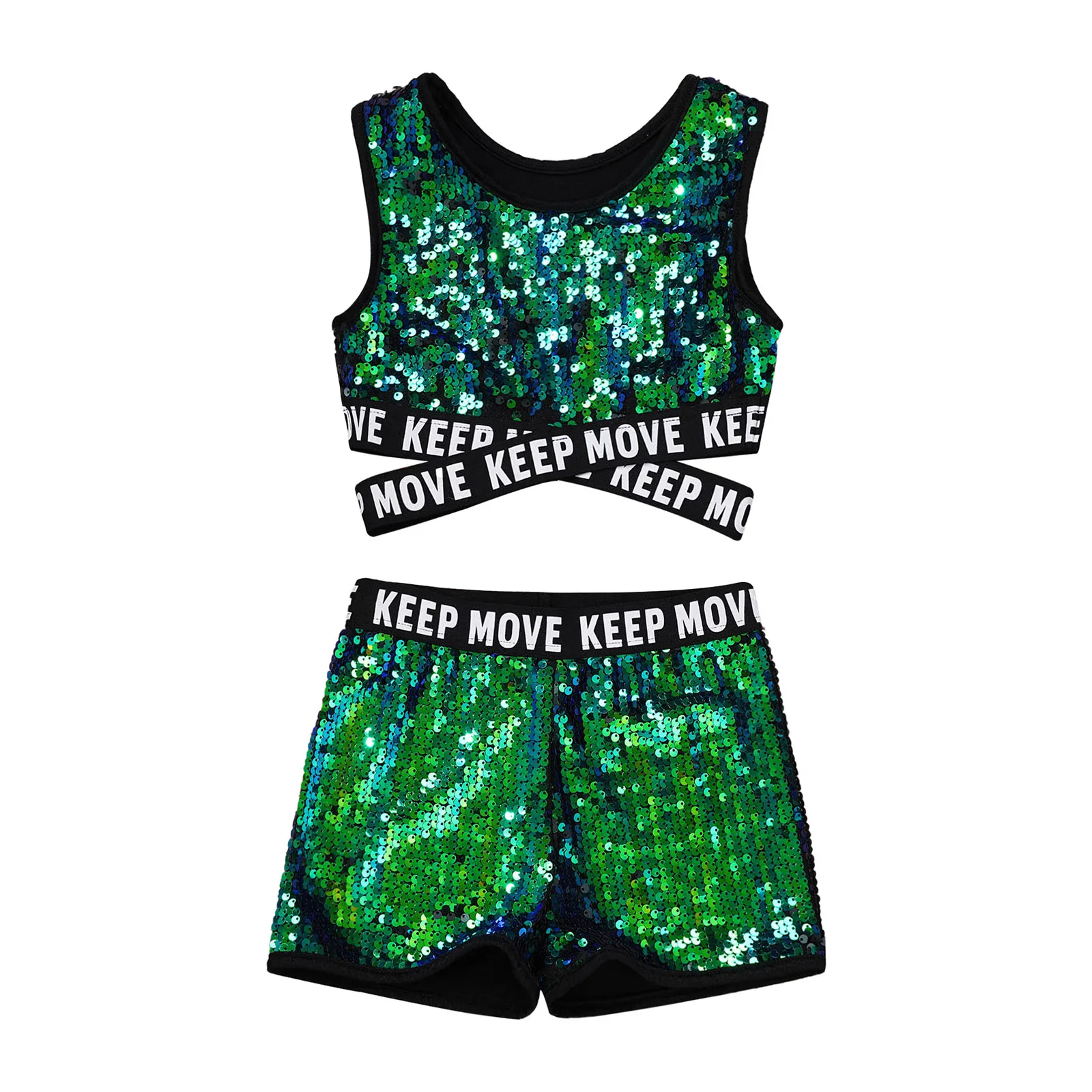 Kids Girls Sport Suit Sparkling Sequins Hip Hop Jazz Dance Clothing Sleeveless Tank Crop Top With Shorts Ballet Dancewear Set