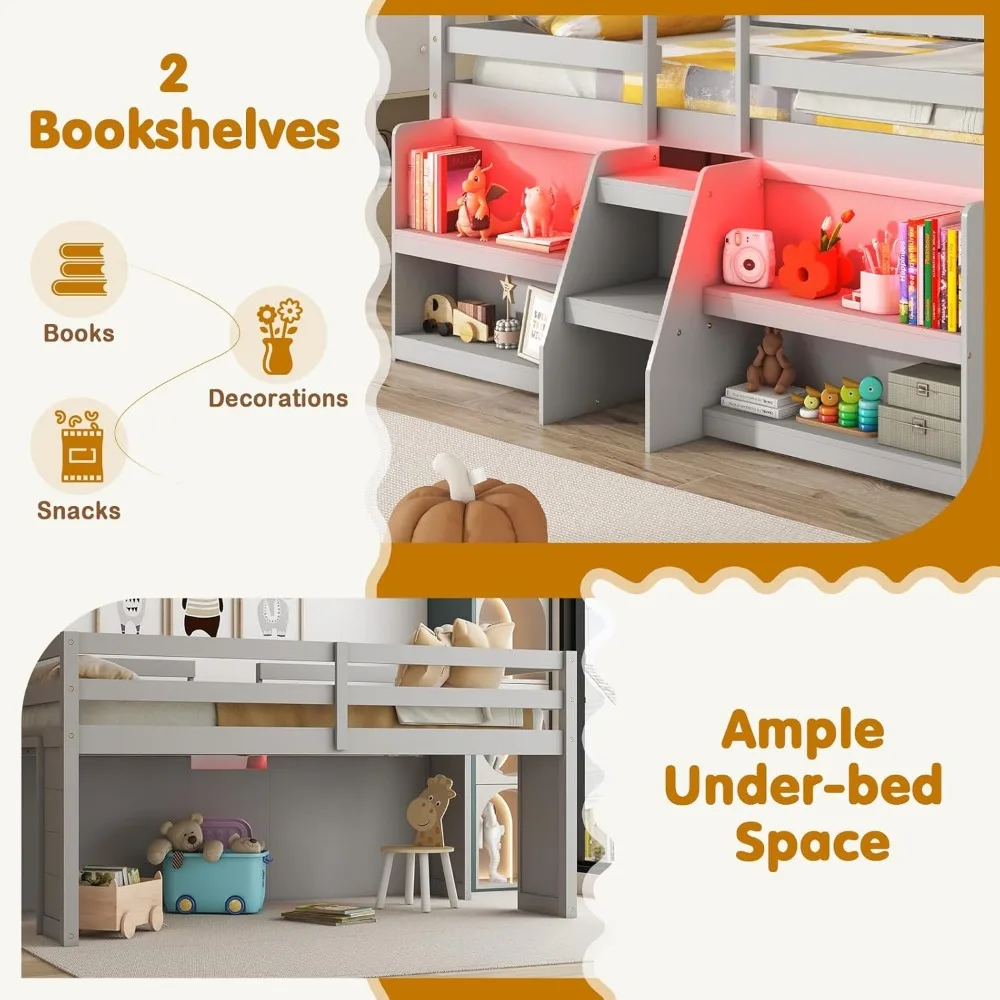 Low Loft Bed with LED Lights, Wooden Twin Bed with Stairs & Safety Guardrail,with Storage Bookcase and Under-bed Play Space,Grey