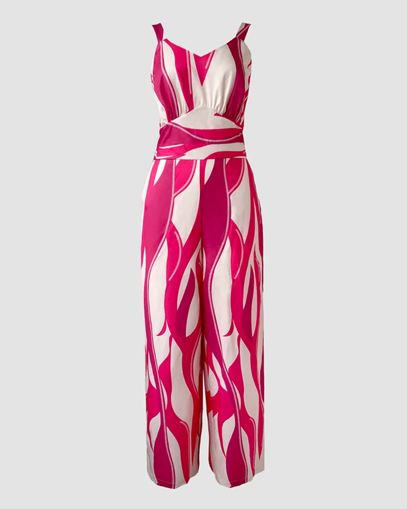 Women Geometric Print Casual Thick Strap Shirred Wide Leg Jumpsuits Femme V-Neck Sleeveless Overalls With Pockets Party Outfits