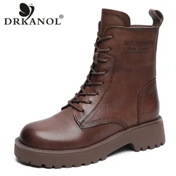 DRKANOL British Style Handmade Retro Winter Women Platform Heel Boots Luxury Full Cow Leather Mid Calf Thick Heel Warm Boots