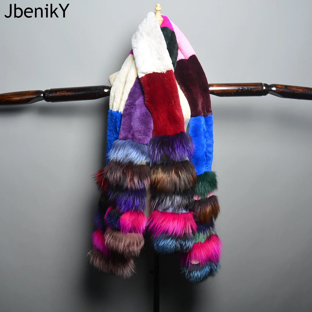 New Natural Soft Knitted Rex Rabbit Fur Scarf Women Winter Long Style Real Fur Muffler Lady Warm 100% Genuine Fox Fur Scarves