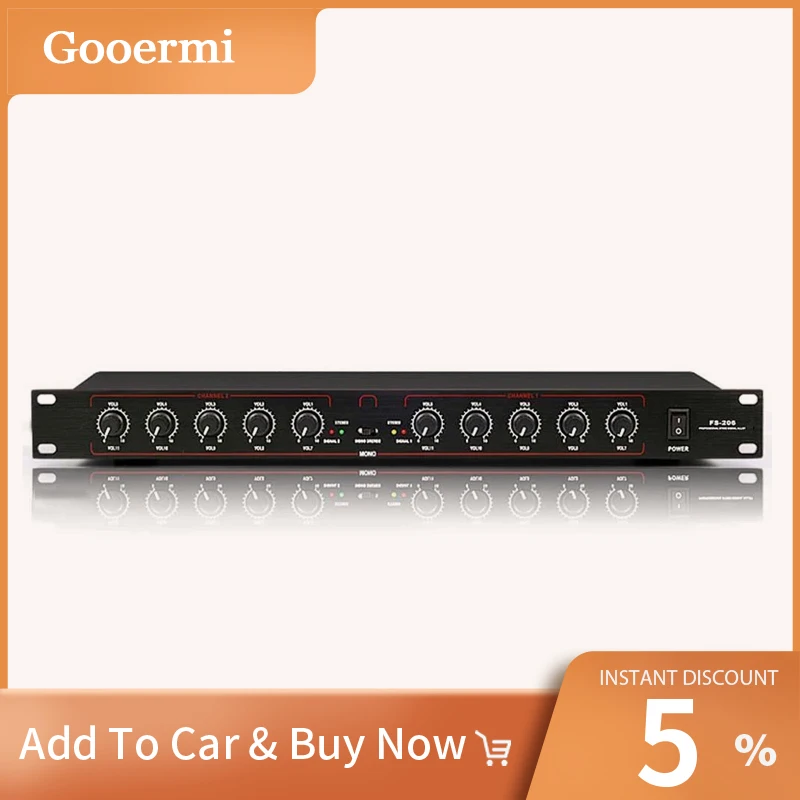 Gooermi FS206 Stereo Equipment Mono Audio Signal Splitter With Power Switch Volume Adjustment Button For Stage Epuipment