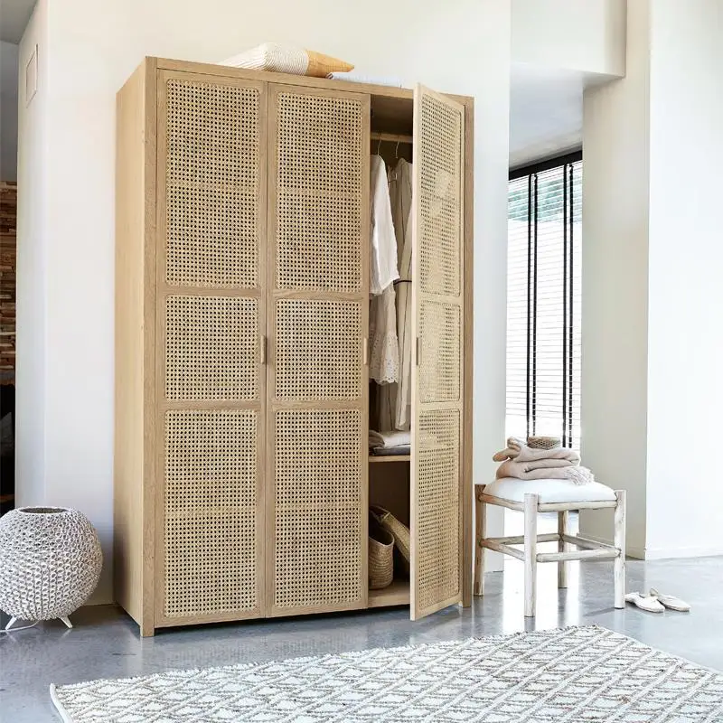 

Japanese-style Wooden Wardro Nordic Solid Wood Rattan 3 Doors Wardrobe Home Storage Large Hanging Cabinet