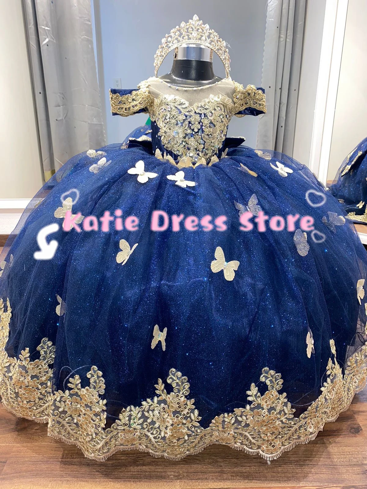 

Тёмно-синее платье для девочки с 3D аппликацией в виде цветов, для свадьбы, из тюля, пышное, для детского дня рождения, первого причастия, бальное платье, на заказ