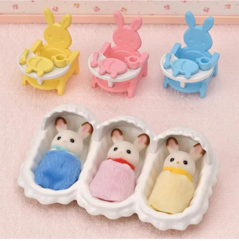 sylvanian families  chocolate rabbit triplet cradle seat care set for girls playing house toys