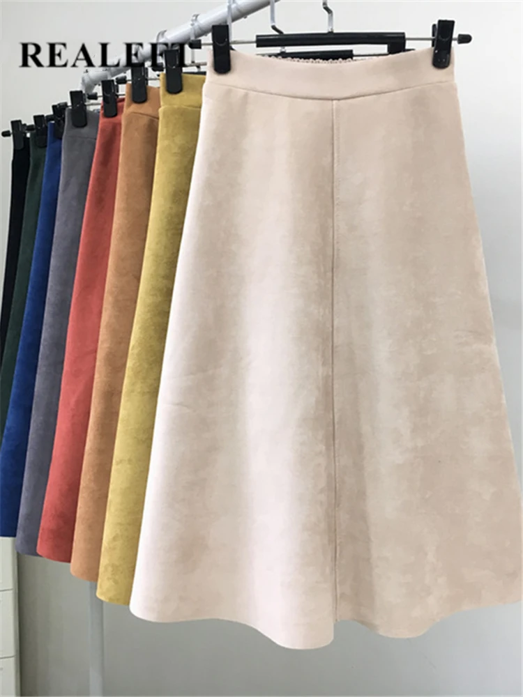 

REALEFT New 2022 Autumn Winter Women Suede Midi Skirts High Waist Multi Color Elegant A-Line Skirts Umbrella Ladies Skirt Female