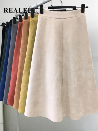 REALEFT nuevo 2025 Otoño Invierno mujeres gamuza Midi faldas de cintura alta multicolor elegante A-Line faldas paraguas señoras falda femenina