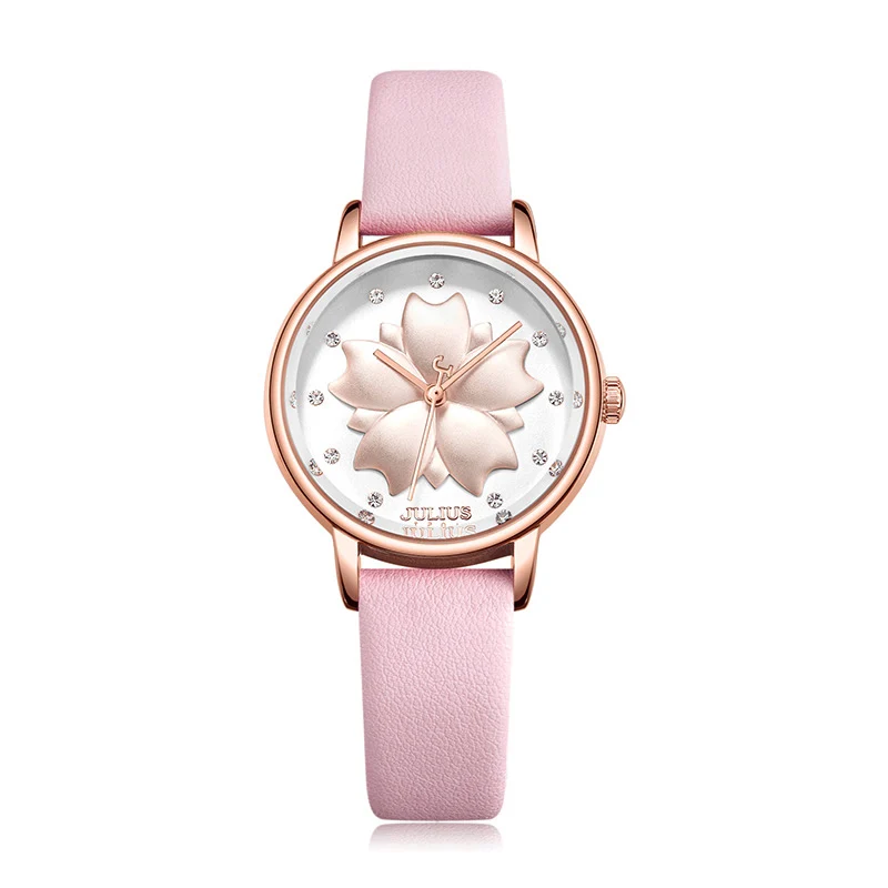 Lovely Cherry Blossom Lady Women's Watch MIYOTA Quartz Hours Fashion Clock Leather Bracelet Girl's Birthday Julius Gift No Box